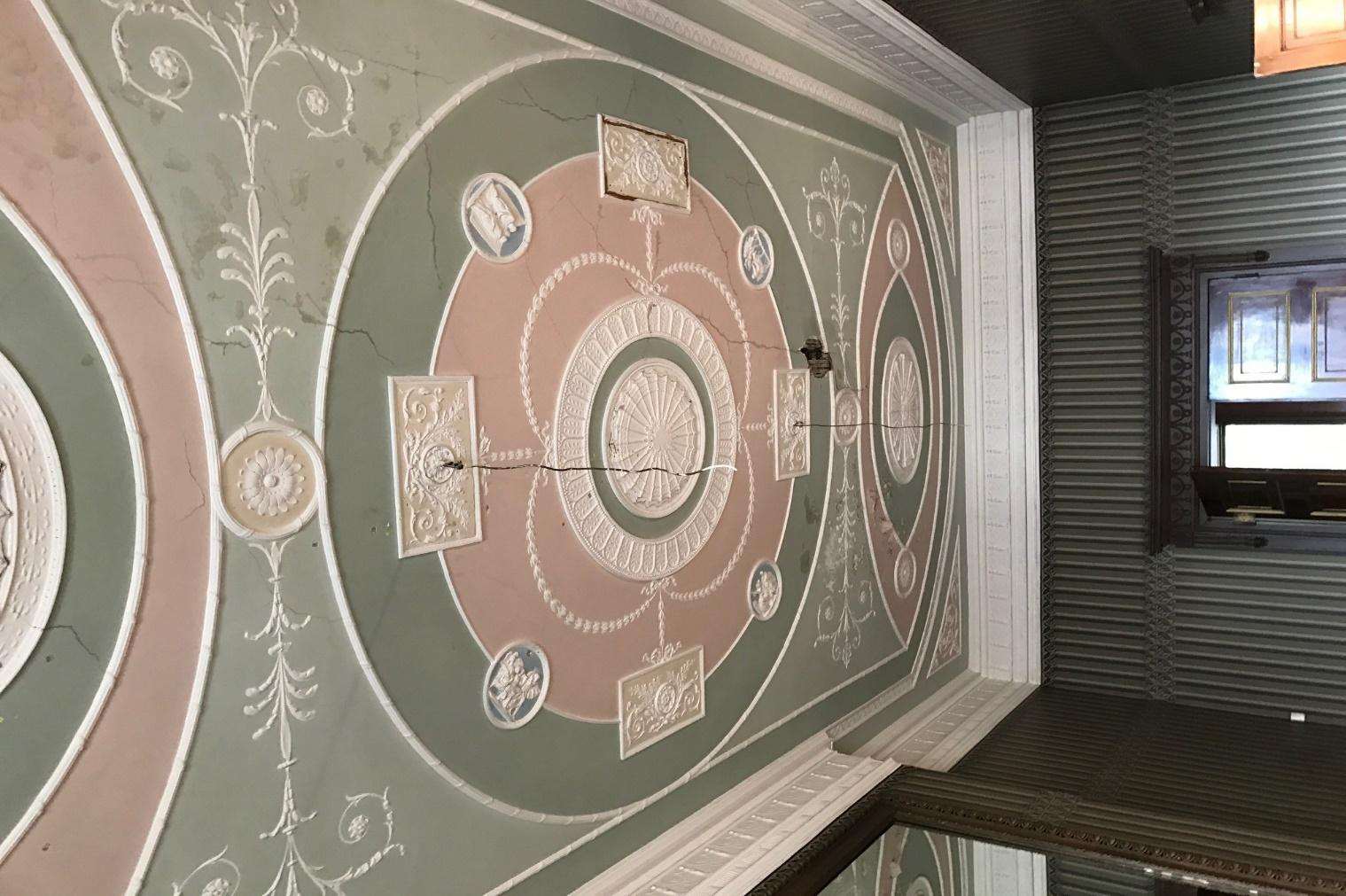 Painted Adam ceiling decoration at 33 Portland Place, protected during the works.