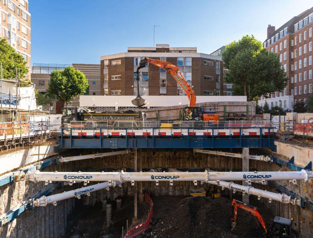 Excavation plant working within the propped basement box at Lucan Place.