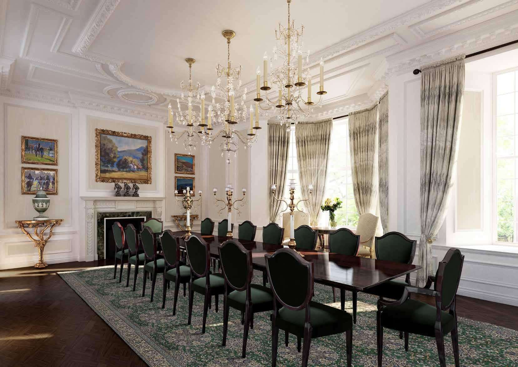 Design visualisation of the dining room at Palace Green beneath twin chandeliers.