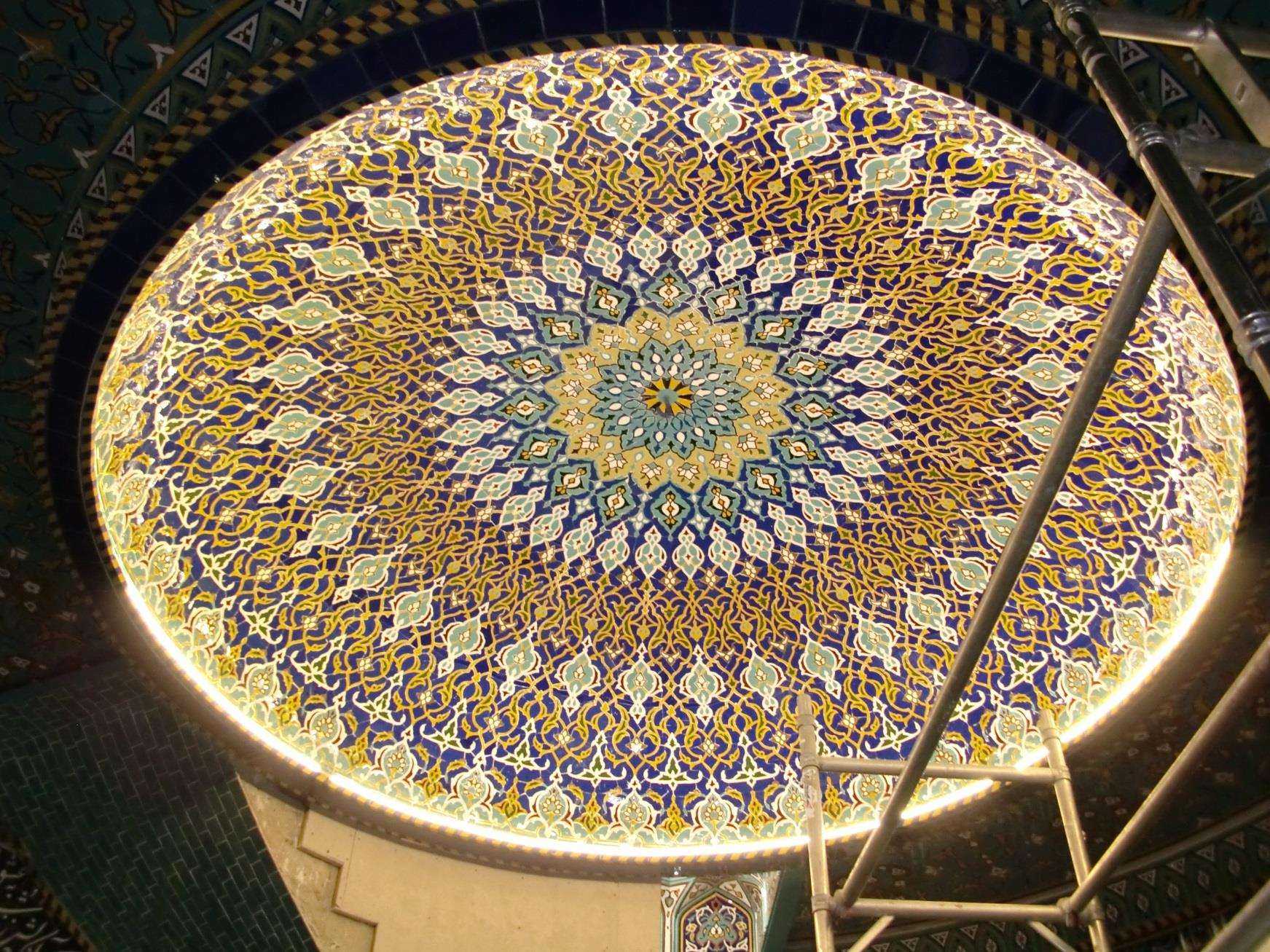 The mosaic domed ceiling at Huttons Farm, lit from its perimeter.