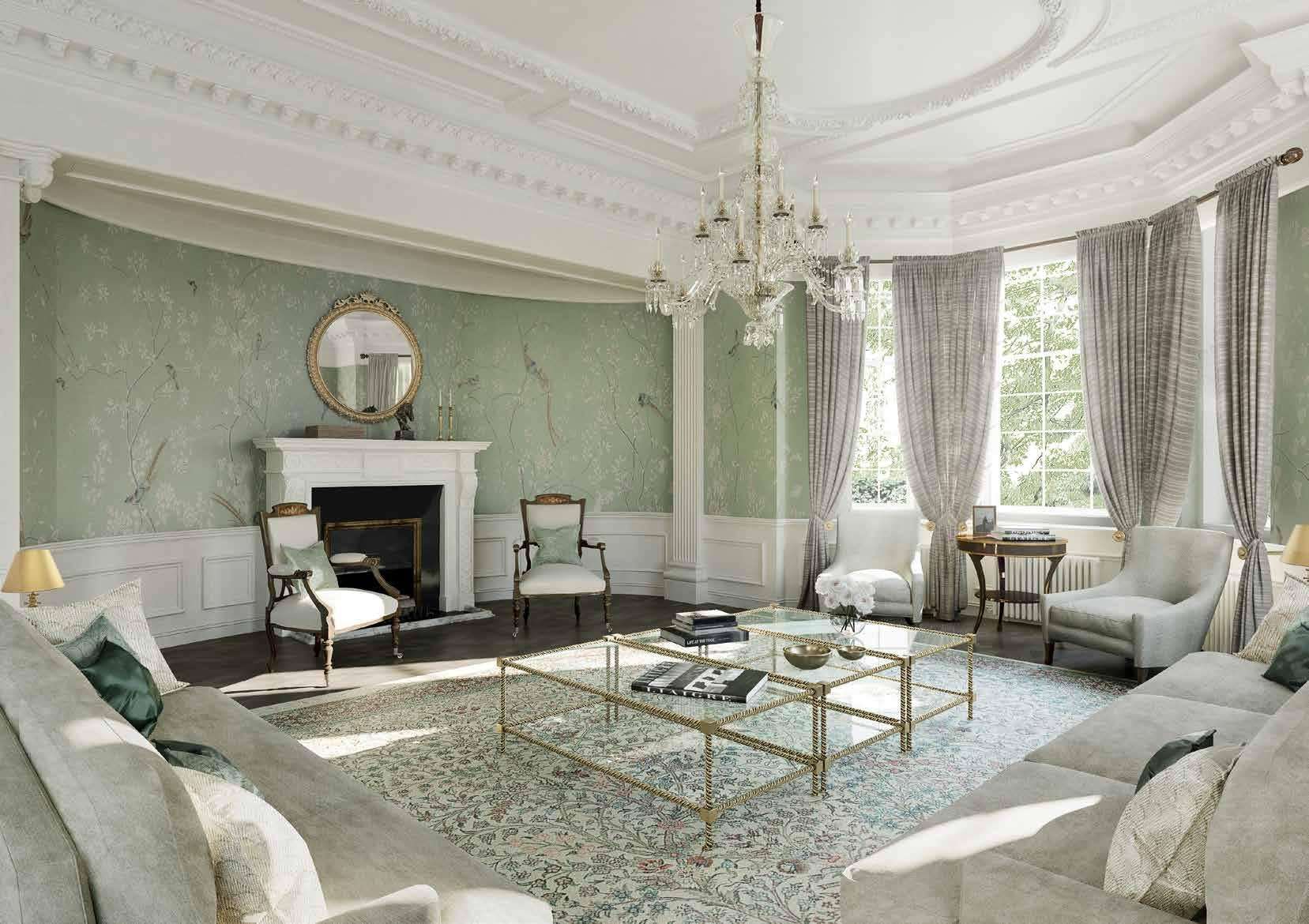 Design visualisation of the drawing room at Palace Green, green silk walls and a marble chimneypiece.