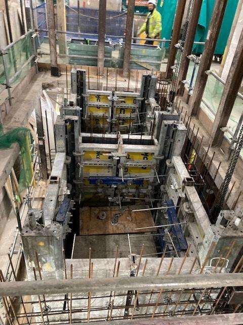 Hydraulic propping supporting the retained structure at Princes Square during alteration.