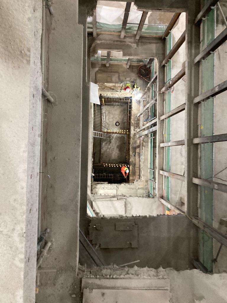 The new lift shaft formed through the stripped structure at Princes Square.